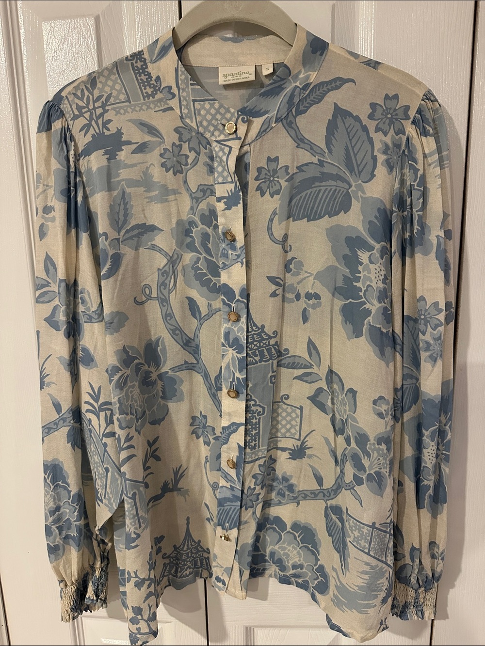 Spartina 449 Cream Blouse with Blue Floral Motif | S